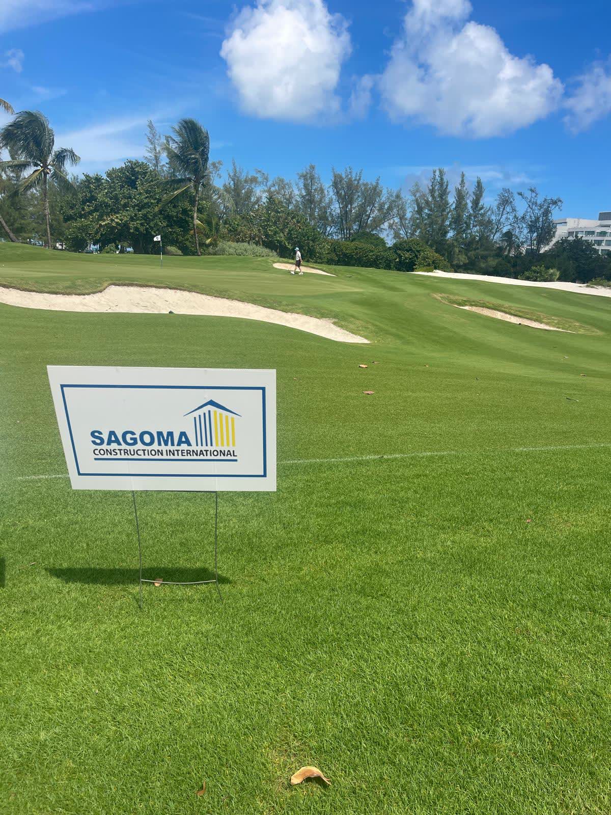 Sagoma Construction International hole-sponsor sign on the fairway at Royal Blue Golf Club, Baha Mar